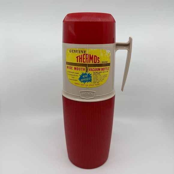 Thermos Other - Vintage Genuine Thermos Red/White Vacuum Bottle Wide Mouth With Lid And Handle